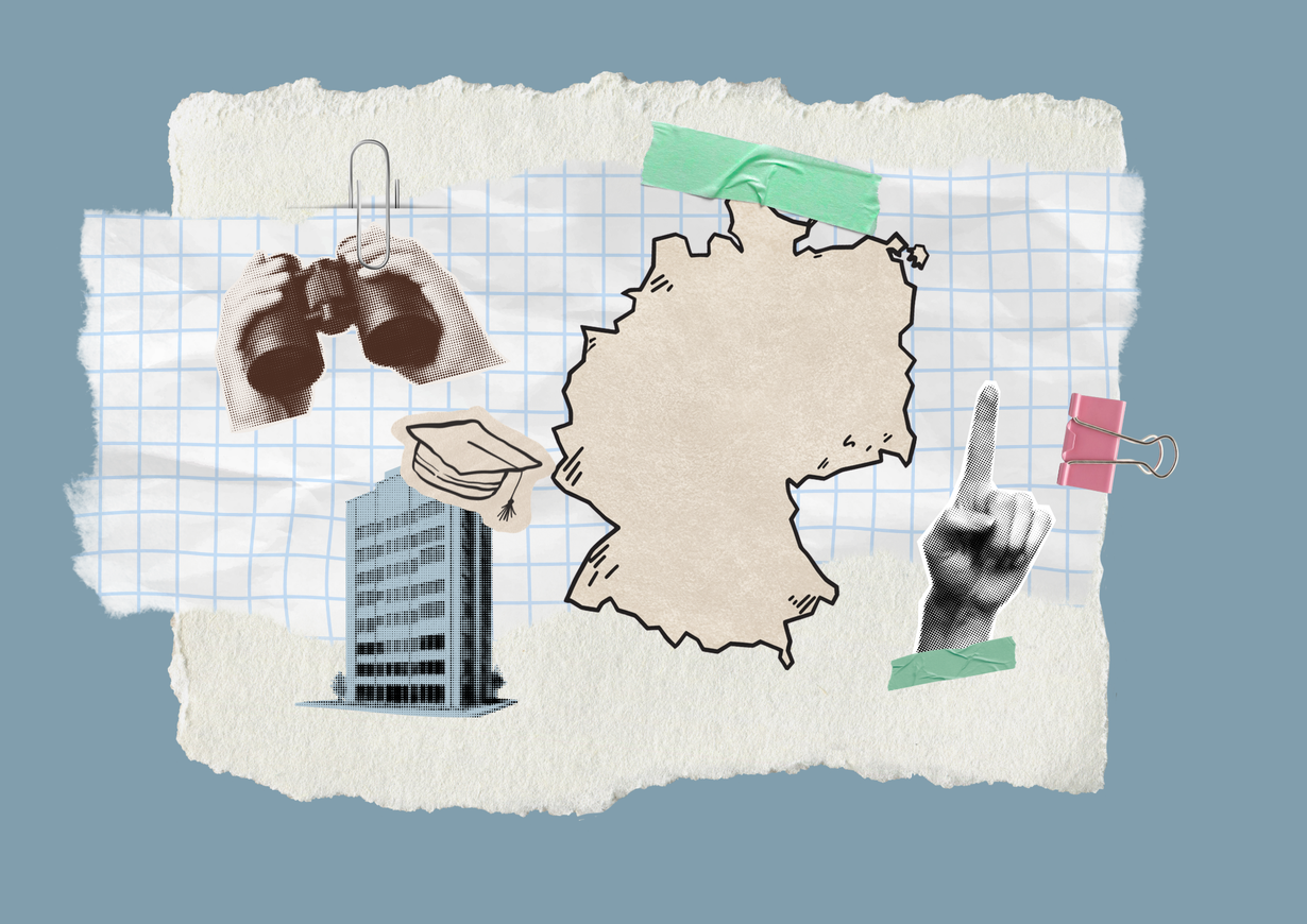 Bild im Collagen-Stil mit einem Fernglas, Deutschlandkarte, Hochschulgebäude und ein Zeigefinger