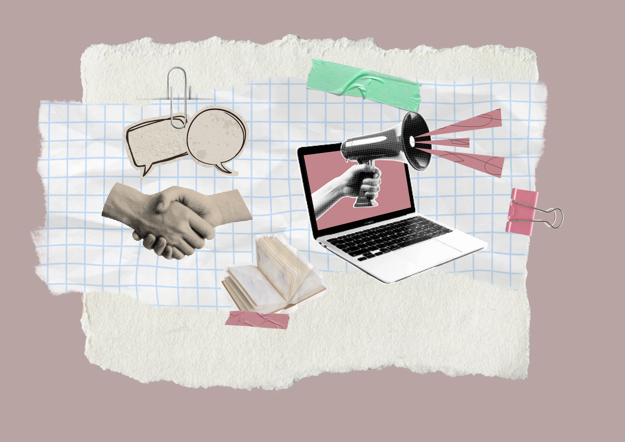 Bild im Collagen-Stil mit zwei Sprechblasen über zwei Händen, die einen Handschlag ausführen. Daneben ein aufgeklapptes Buch und ein Laptop aus dessen Bildschirm ein Megafon heraustritt.
